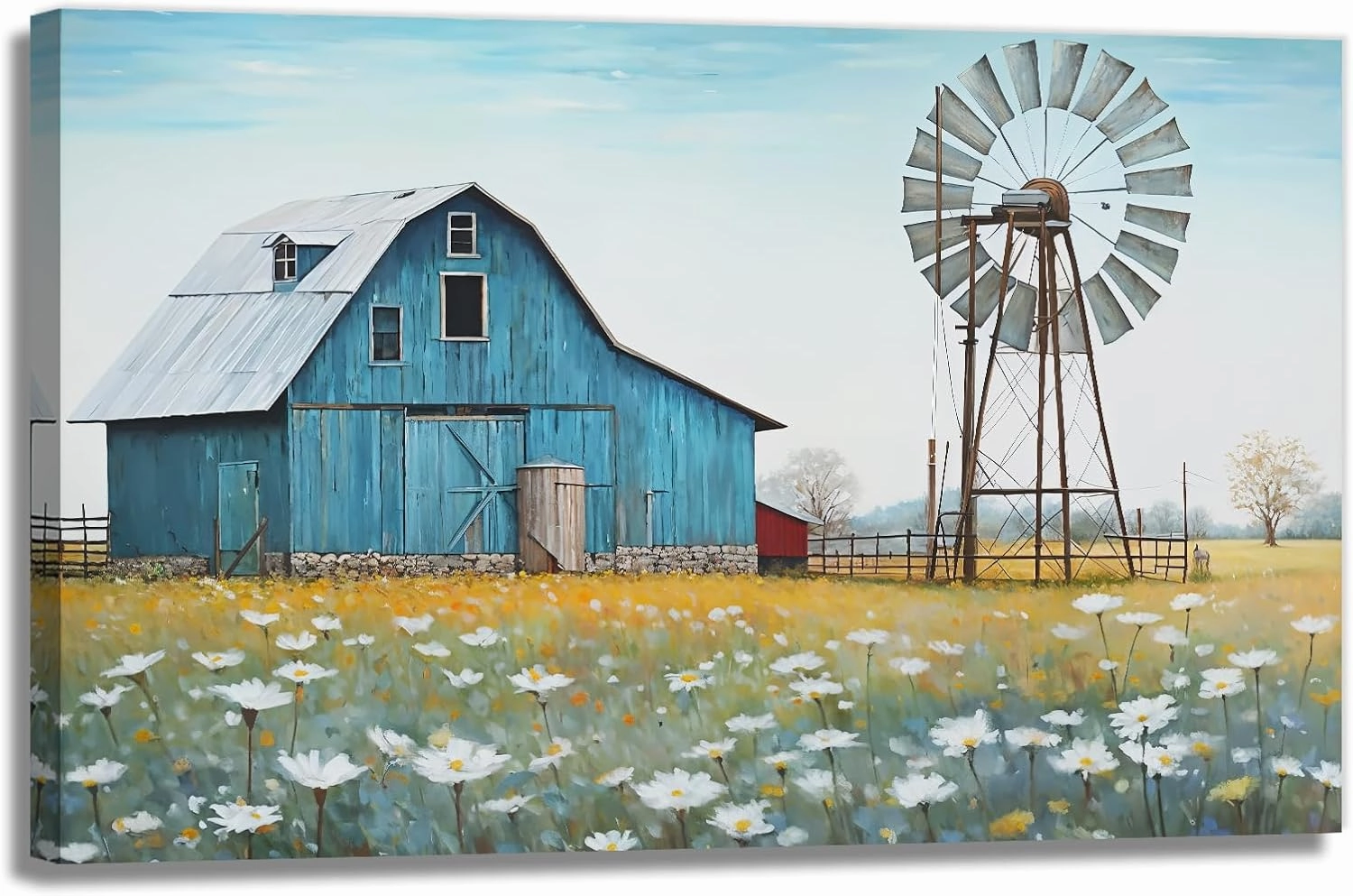 KPLUNDO Barn Picture Bedroom Wall Decor Farmhouse Landscape Canvas Picture Print Blue Barn Windmill Painting Modern Artwork (Artwork-1,24"x36")