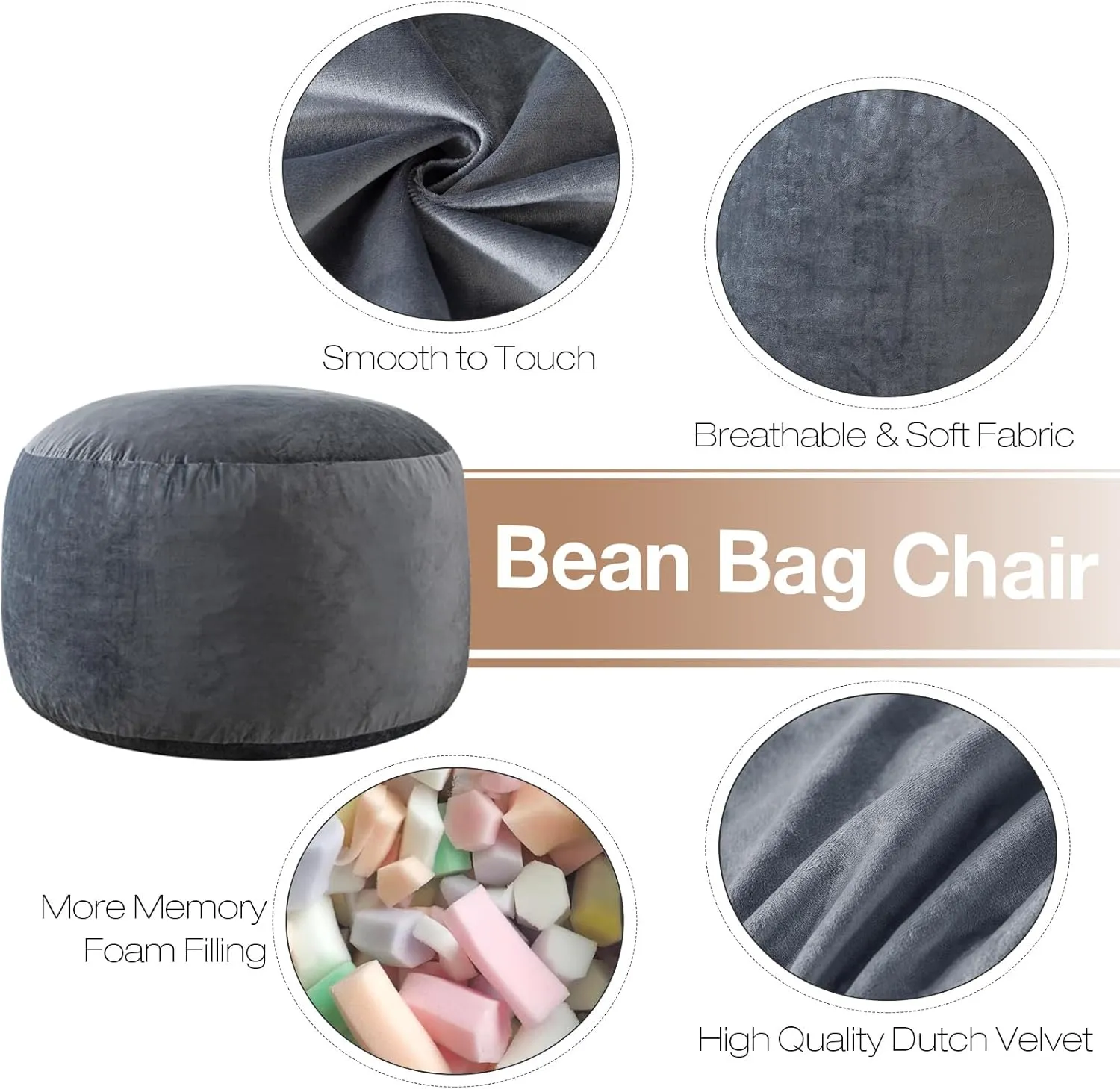 Large Bean Bag Chair: 3 ft Memory Foam Bean Bag Chairs for Adults/Kids,Bean Bag Chair with Fillings,Soft Faux Fur Fabric - Dutch Velvet, Grey, 3 Foot