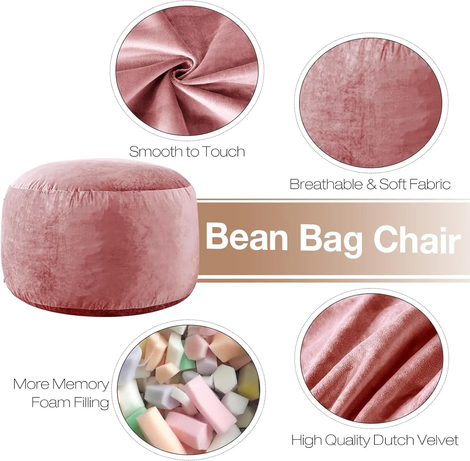 Large Bean Bag Chair: 3 ft Memory Foam Bean Bag Chairs for Adults/Kids,Bean Bag Chair with Fillings,Soft Faux Fur Fabric - Dutch Velvet, Pink, 3 Foot