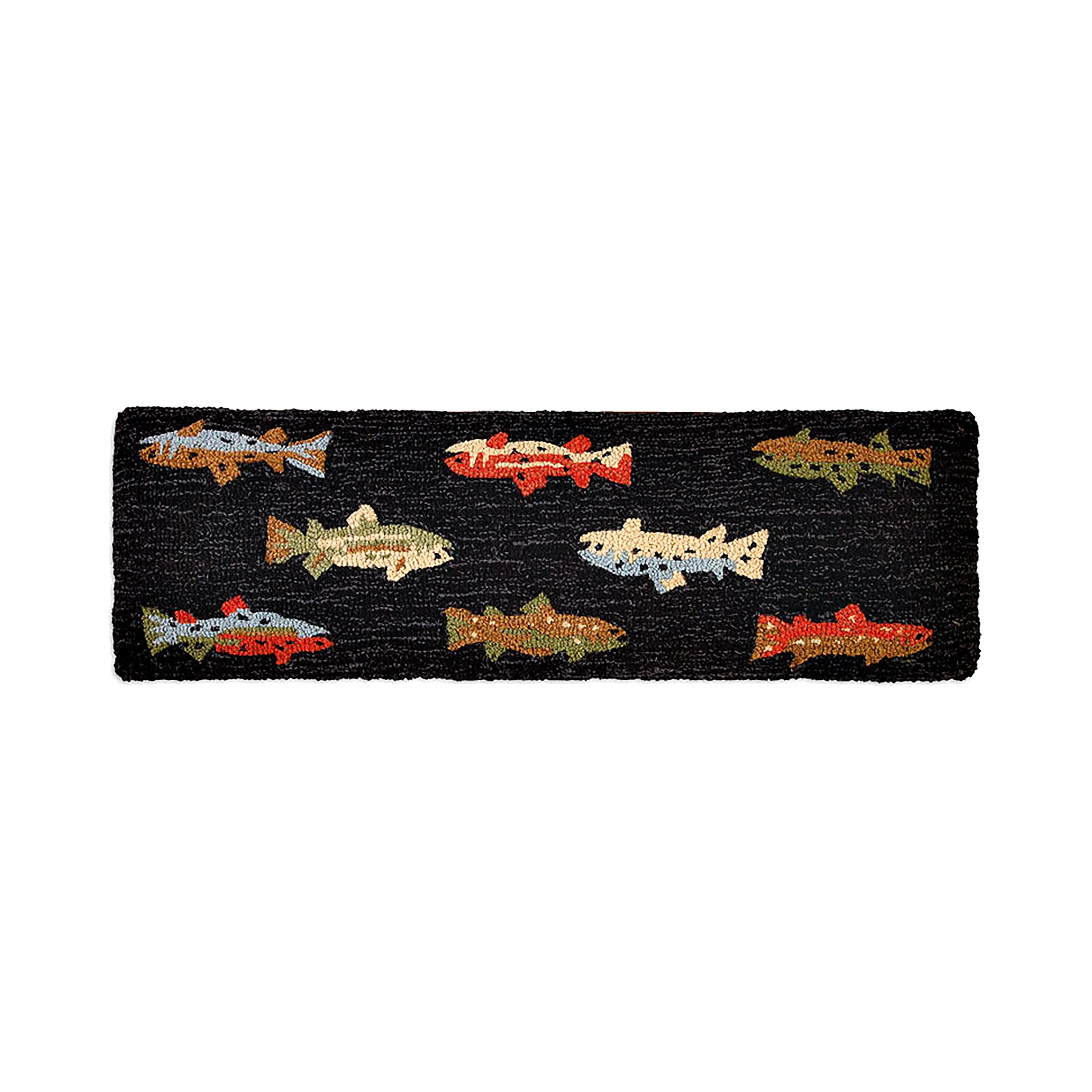 Large River Fish Hand-Hooked Wool and Hickory Bench