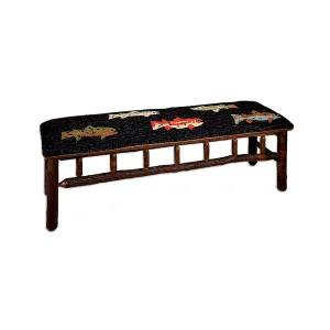 Large River Fish Hand-Hooked Wool and Hickory Bench