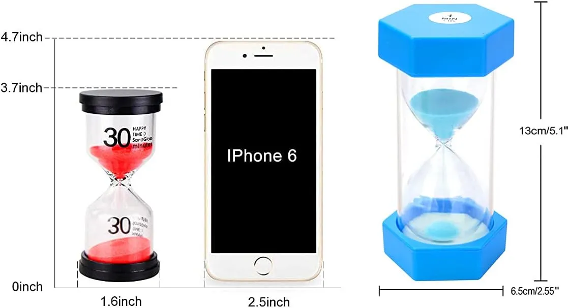 Large Sand Timer, Hourglass Timer Colorful Sandglass Timer 1 min/2 min/3 min/5 min/10 min/15 min Kids Timer Visual Sand Clock Timer for Games Classroom Home Office Kitchen Teeth Brushing (Pack of 6)