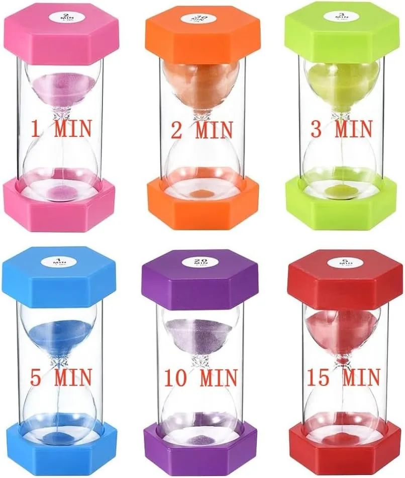 Large Sand Timer, Hourglass Timer Colorful Sandglass Timer 1 min/2 min/3 min/5 min/10 min/15 min Kids Timer Visual Sand Clock Timer for Games Classroom Home Office Kitchen Teeth Brushing (Pack of 6)