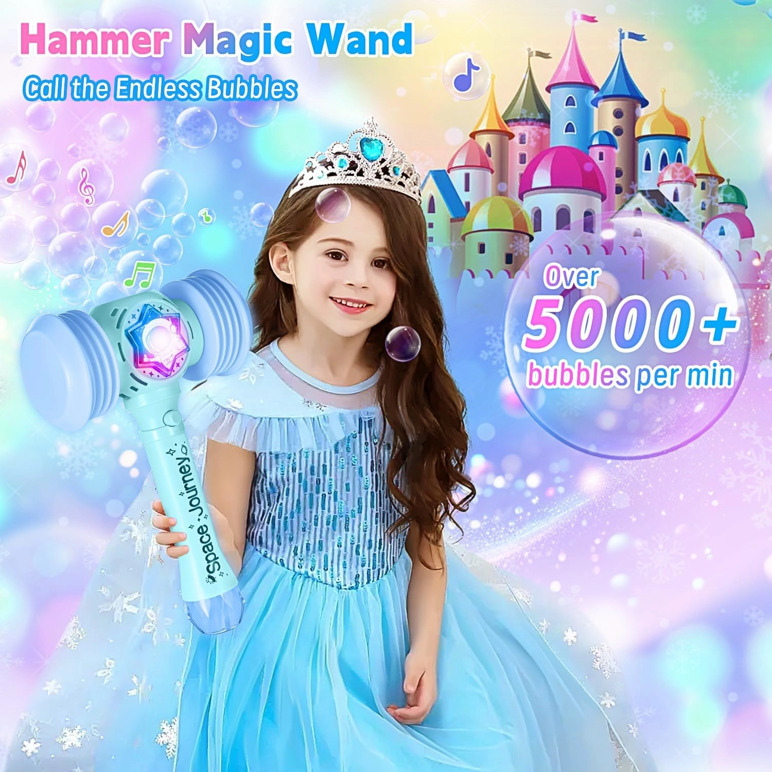 Large Bubble Wand Automatic,Light Up Bubble Maker with Refill Bubble Solution, Kids’ Squeaking Hammer Pounding Toy for Party Favor,Clown,Carnival,Ootdoor Activity, Gift for Kids Toddler 3-8