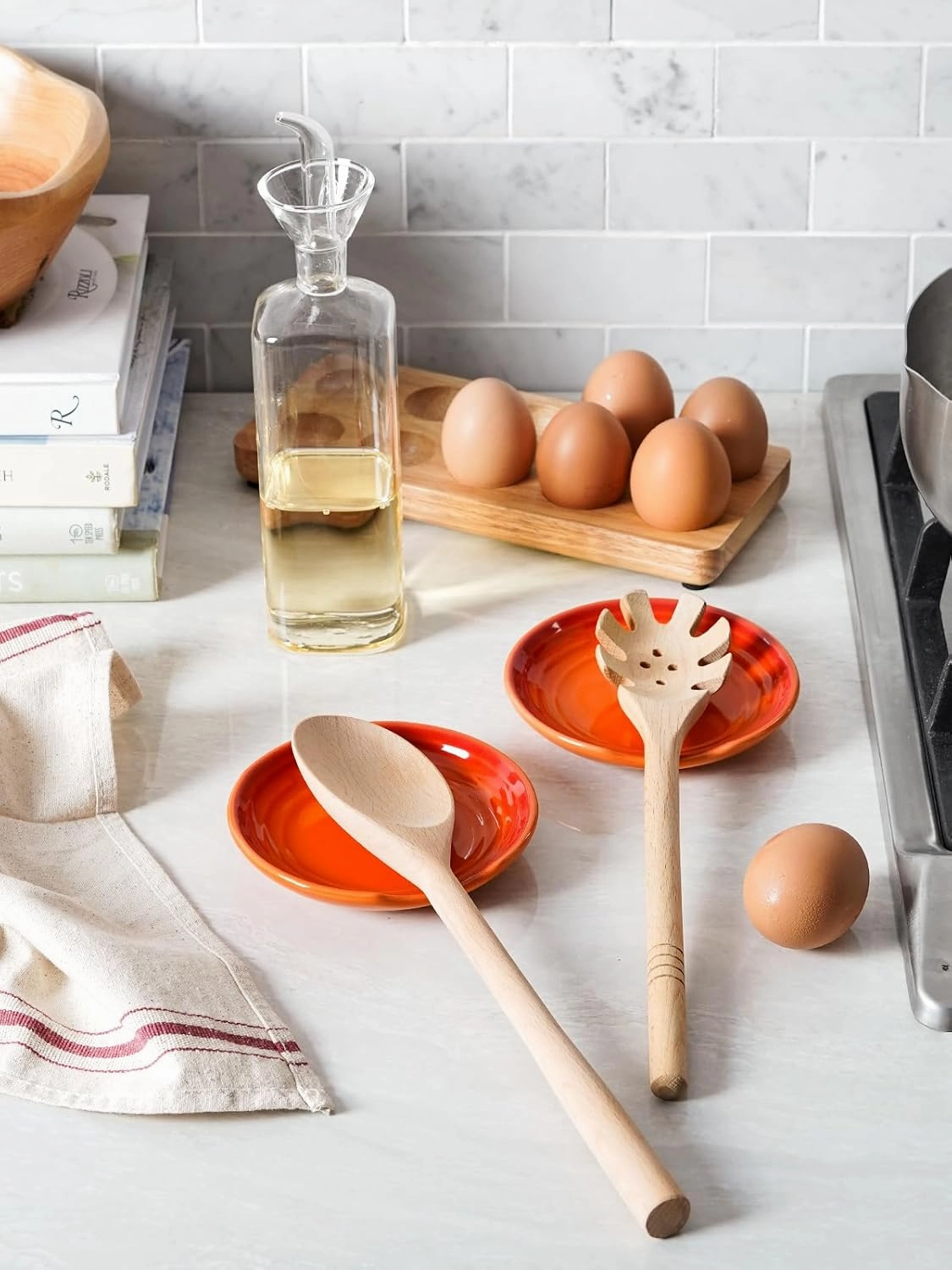 LE TAUCI Ceramic Spoon Rest, Housewarming Present, Coffee Spoon Holder for Kitchen Counter, Stove Top Protection, Kitchen Decor, Accessories for Countertop - 4.9 inch, Set of 4, Gradient Orange
