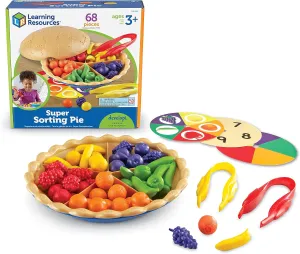 Learning Resources Super Sorting Pie - 68 Pieces, Ages 3  Toddler Fine Motor Toy, Preschool Learning Games, Develops Counting and Color Recognition, Pretend Play Food, Kids Tweezers