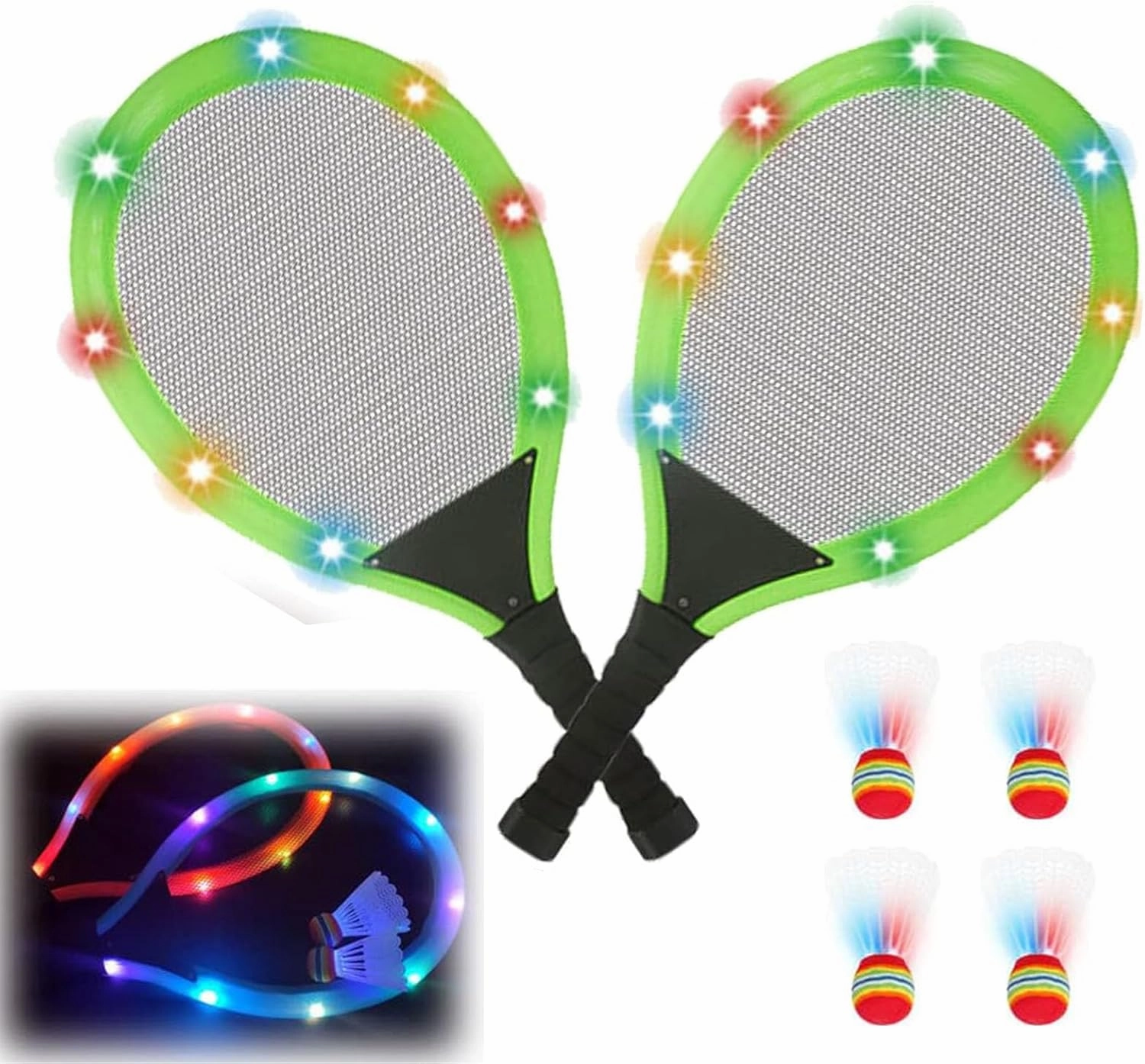 Led Light-Up Badminton Racket Set, Oversized Goose Feather Shuttlecocks for Adolescent Adults Outdoor & Indoor Sports Activities Sport,Glow in The Dark to Illuminate Badminton