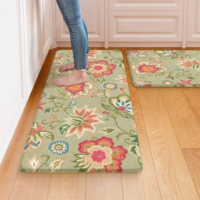 LEEVAN Anti Fatigue Kitchen Mats, Green Floral Kitchen Rugs 20"x32" 20"x47", Non-Slip Waterproof Kitchen Floor Mats, Colorful Comfort Mats for Kitchen Floor, Sink, Laundry, Office