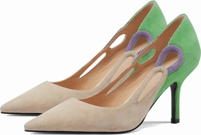 LEHOOR Women Kitten Heel Pumps Pointed Toe Suede Stilettos High Heel Dress Shoes Rainbow Slip On 2.5”Heels Cutout Sandals Multicolor Patchwork for Bridal Wedding Office Ladies Evening Party 4-11 M US