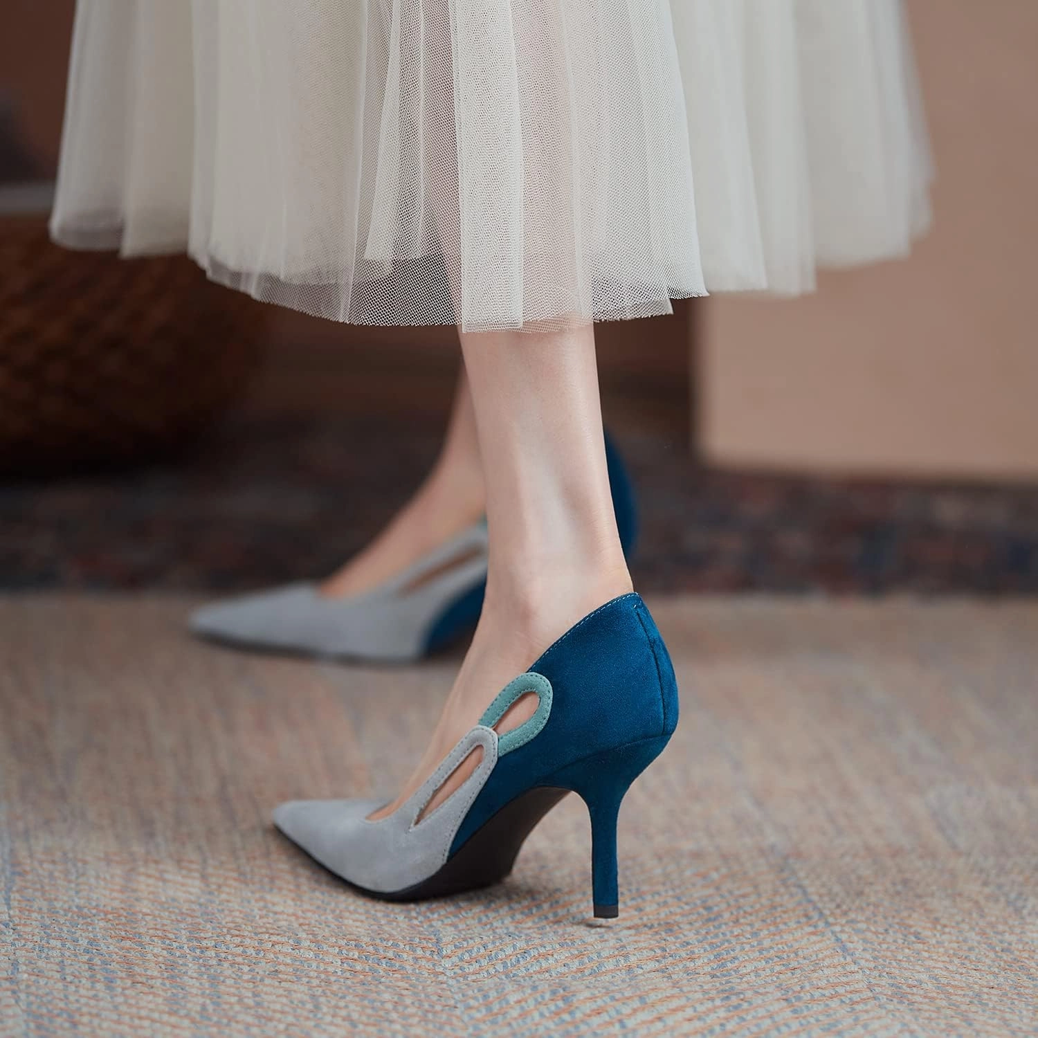 LEHOOR Women Kitten Heel Pumps Pointed Toe Suede Stilettos High Heel Dress Shoes Rainbow Slip On 2.5”Heels Cutout Sandals Multicolor Patchwork for Bridal Wedding Office Ladies Evening Party 4-11 M US