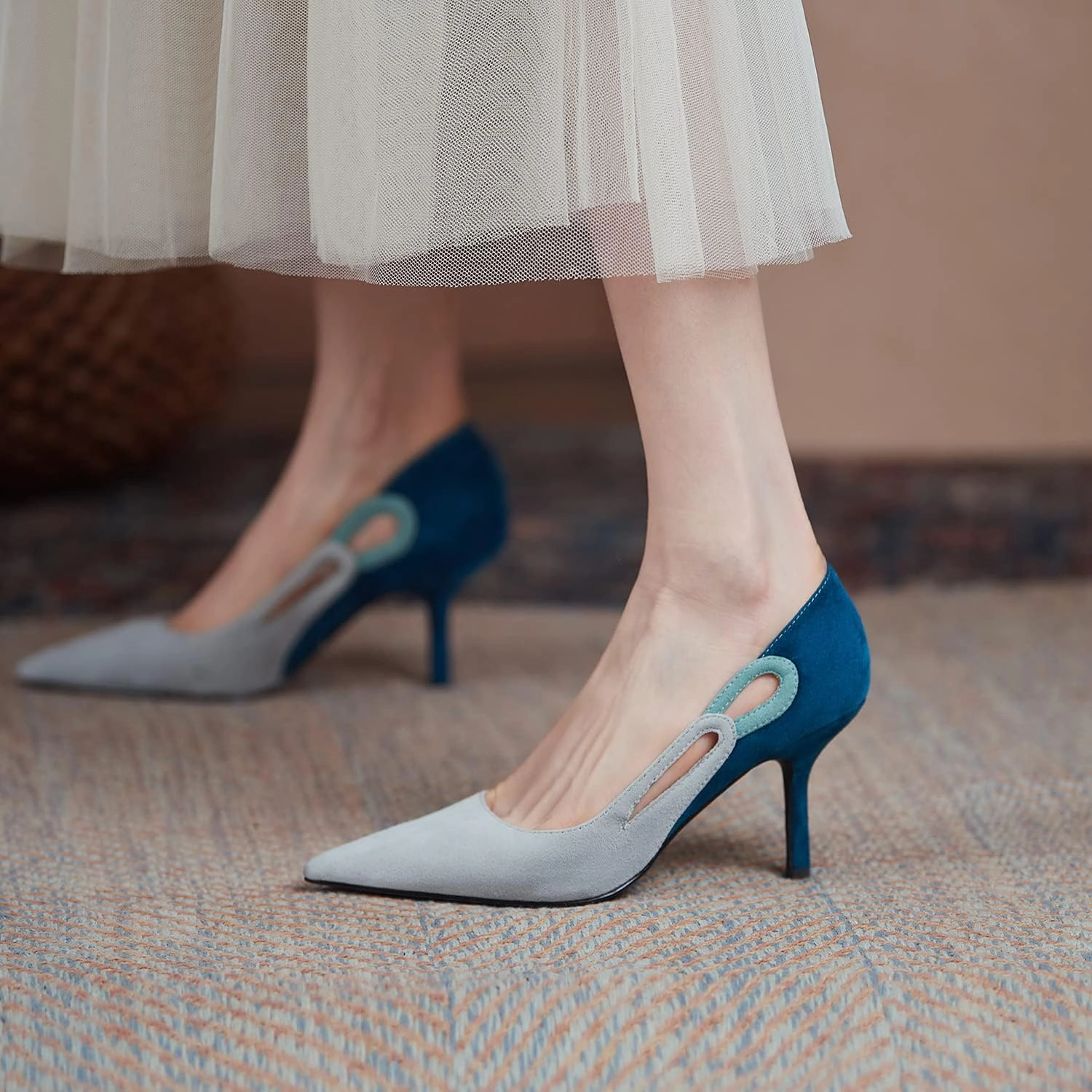LEHOOR Women Kitten Heel Pumps Pointed Toe Suede Stilettos High Heel Dress Shoes Rainbow Slip On 2.5”Heels Cutout Sandals Multicolor Patchwork for Bridal Wedding Office Ladies Evening Party 4-11 M US