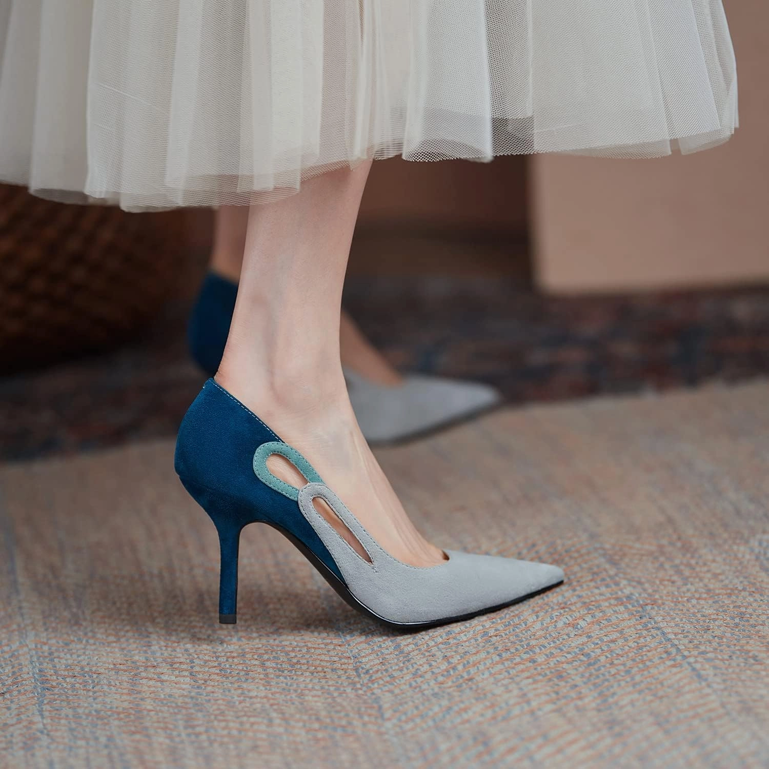 LEHOOR Women Kitten Heel Pumps Pointed Toe Suede Stilettos High Heel Dress Shoes Rainbow Slip On 2.5”Heels Cutout Sandals Multicolor Patchwork for Bridal Wedding Office Ladies Evening Party 4-11 M US