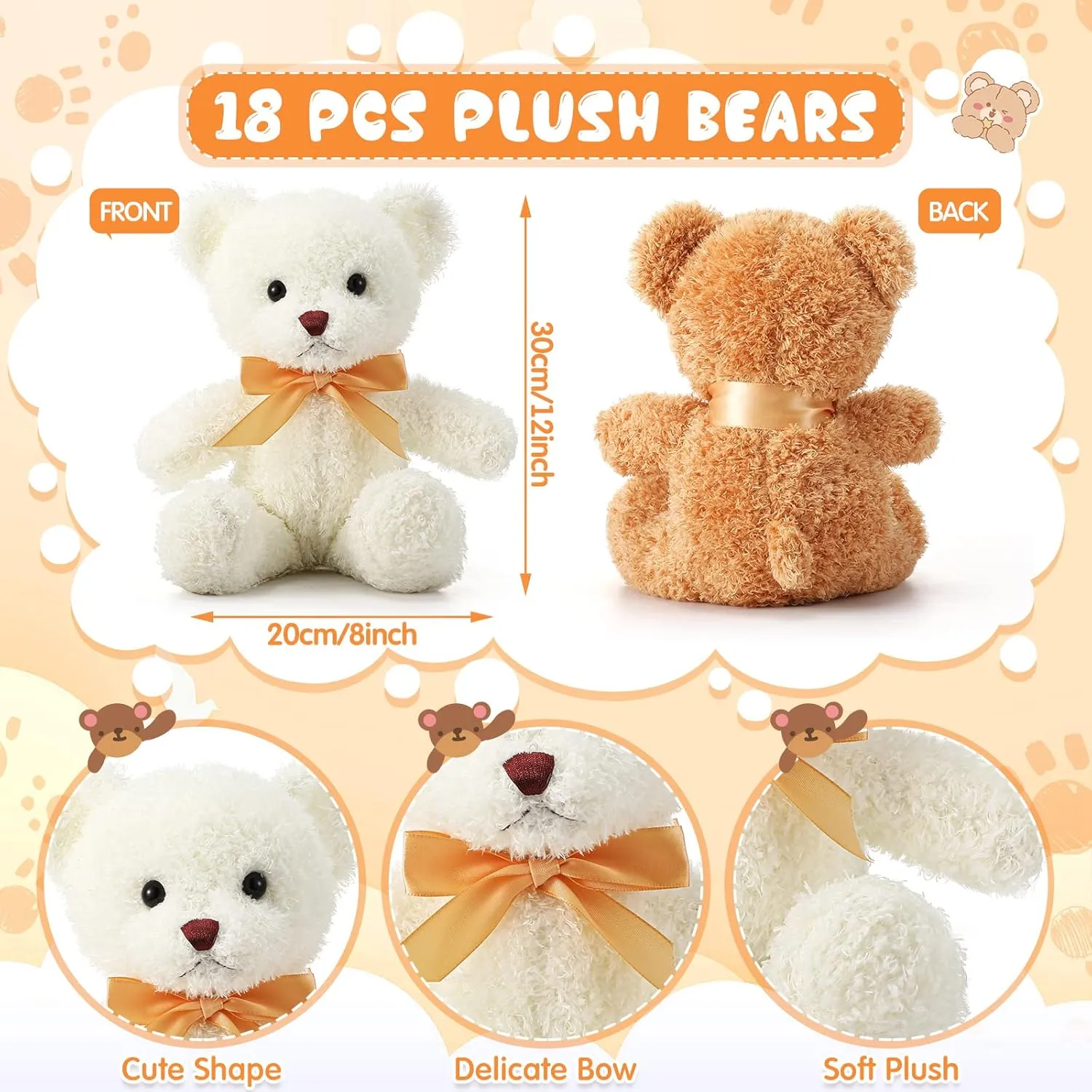 Lenwen 18 Pcs Bear Stuffed Animals Bulk 12 Inch Soft Plush Bears Doll Small Stuffed Toy for Boy Girl Baby Shower Valentines Christmas Birthday Decor Gift Party Favors(Light Brown, White)