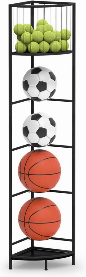 LIANTRAL 5 Tier Ball Storage Rack, 4 Ball Storage Rack with Basket, Corner Ball Holder for Basketball, Football, Volleyball, Vertical Ball Rack, 12.4” x 12.4” x 66.3”, Black