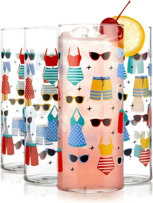 Libbey Vintage Swim Drinking Glasses Set of 4, Colorful, Retro Swimsuits Design Glass Cups Set, Dishwasher Safe Water Glasses Set for Cocktails