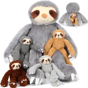 Libima 5 Pcs Plush Sloth Animals 22.4 Inch Giant Stuffed Mommy Sloth Plush Toy with 4 Babies in Her Belly Cute Toys for Baby Shower Girls Boys Birthday Party Gifts
