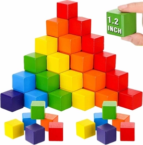 Libima 100 Pcs 1.2 Inch Wooden Building Blocks Stacking Game, Rainbow Wood Blocks Set Square Colorful Wooden Cubes Counting Large Learning Educational Toys for Math Boys Girls