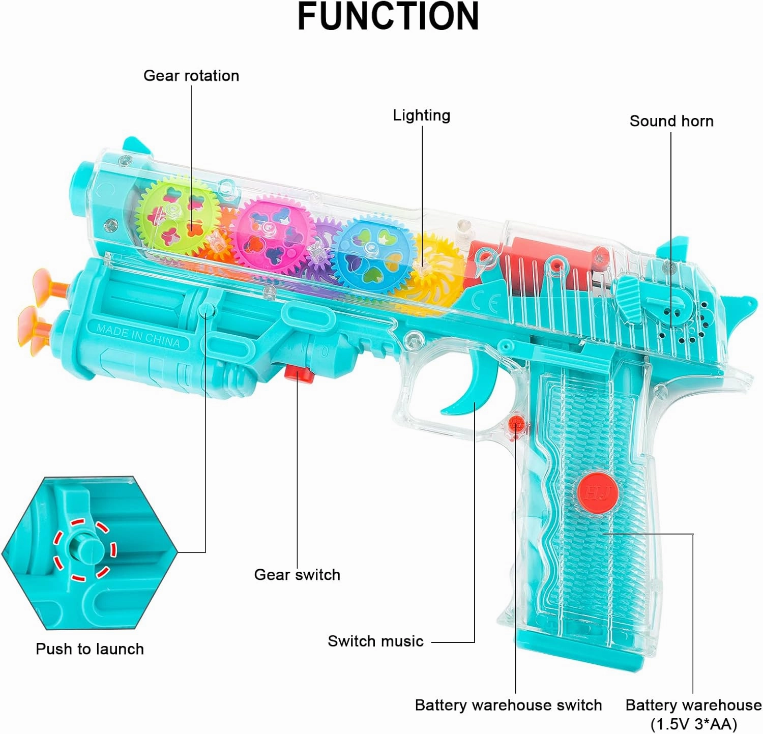 Light up Toy Gun for Boys, Music Gun Toy for Kids, Transparent Plastic Electric Toy Gun with Rotating Gears, Light and Music (Blue)