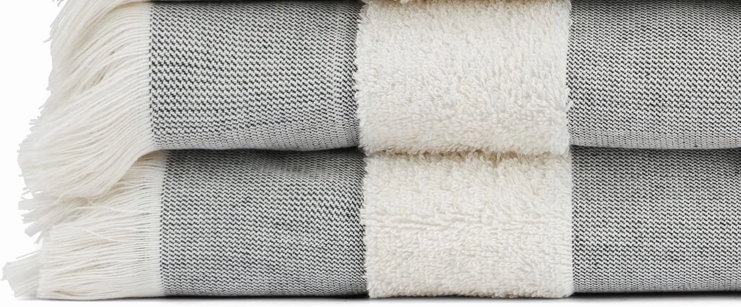 Lightweight Turkish Beach Towel - 100% BCI Cotton, Unbleached Raw Fringe, Oeko-TEX Certified, Absorbent, Eco-Friendly, 36x66 in, 1 lb, Natural Stripe, Portable Sarong Blanket for Pool, Travel, Gift