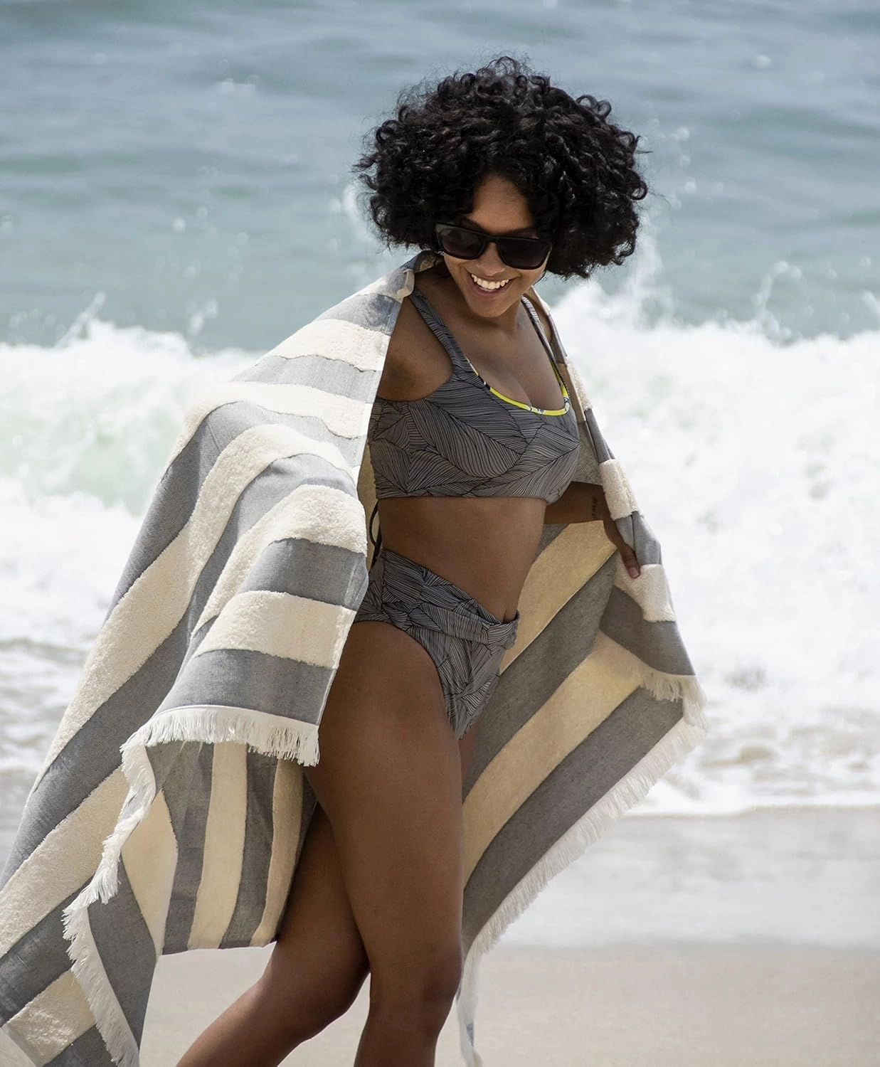 Lightweight Turkish Beach Towel - 100% BCI Cotton, Unbleached Raw Fringe, Oeko-TEX Certified, Absorbent, Eco-Friendly, 36x66 in, 1 lb, Natural Stripe, Portable Sarong Blanket for Pool, Travel, Gift