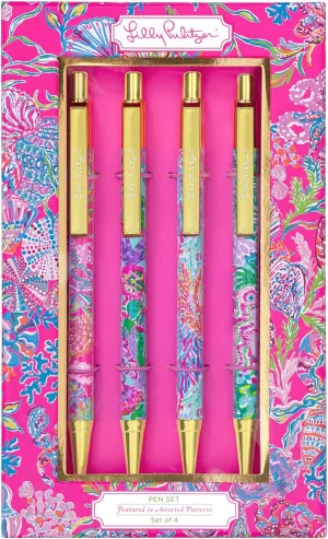 Lilly Pulitzer Black Ink Pen Set of 4, Retractable Pens for Home or Office, Colorful Plastic Click Pens, Shell Me Something Good (Assorted)