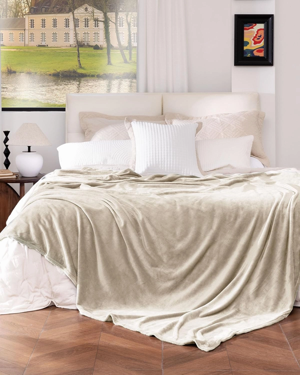 Linen Fleece Blanket Queen Size, Soft Cozy Blankets for Bed and Couch, Machine Washable Luxury Microfiber, Lightweight Portable Plush Blanket for Travel, Camping, Pets, Women, Adults