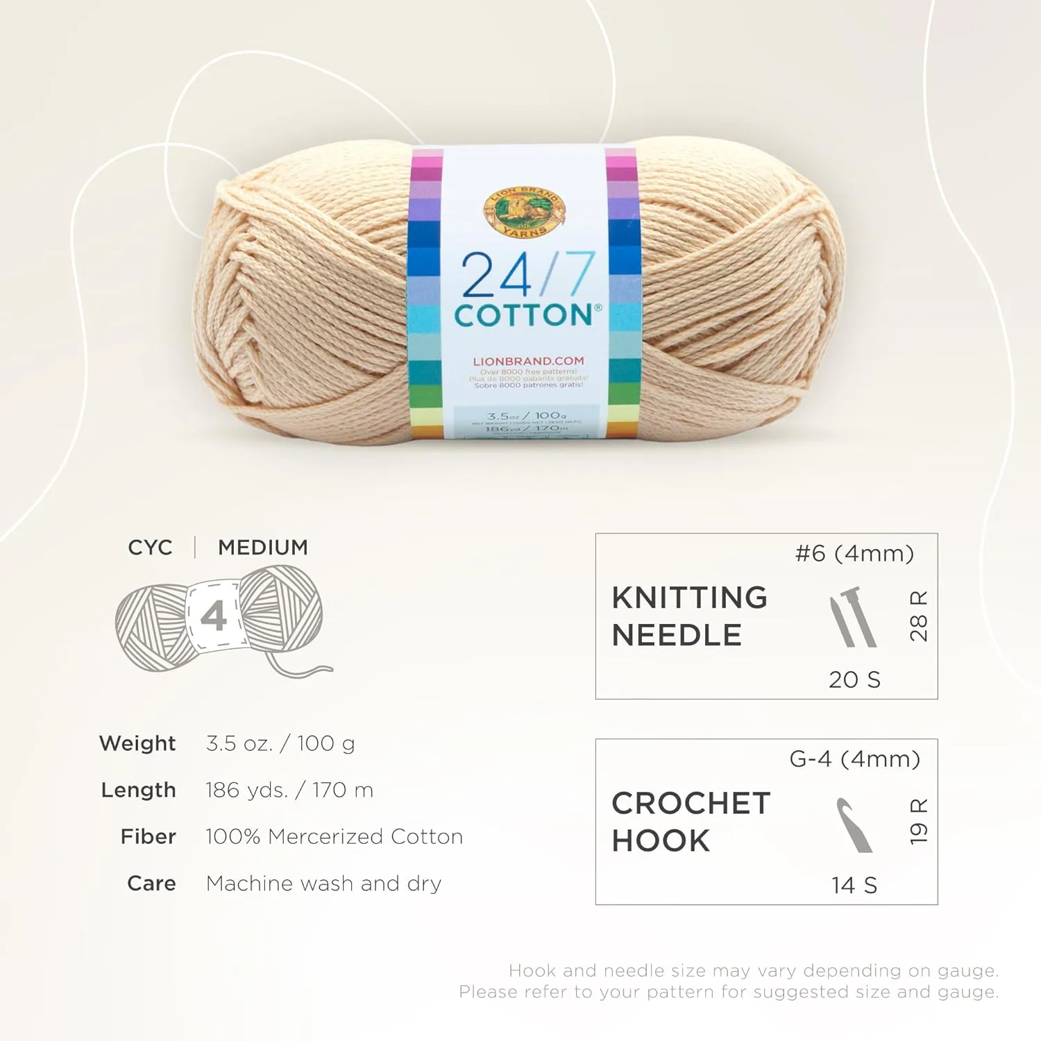Lion Brand 24/7 Cotton Yarn, Lightweight Yarn for Knitting, Crocheting, and Crafts, Ecru, 3 Pack