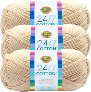 Lion Brand 24/7 Cotton Yarn, Lightweight Yarn for Knitting, Crocheting, and Crafts, Ecru, 3 Pack