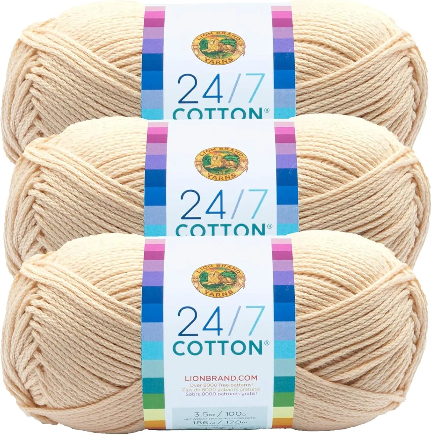 Lion Brand 24/7 Cotton Yarn, Lightweight Yarn for Knitting, Crocheting, and Crafts, Ecru, 3 Pack
