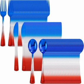 LIYH 120 Pcs Plastic Rainbow Silverware - 4th of July Red and Blue Plastic Cutlery, Colorful Fancy Party Utensils, Disposable Forks Suit for Party, Birthday Memorial Independence Day