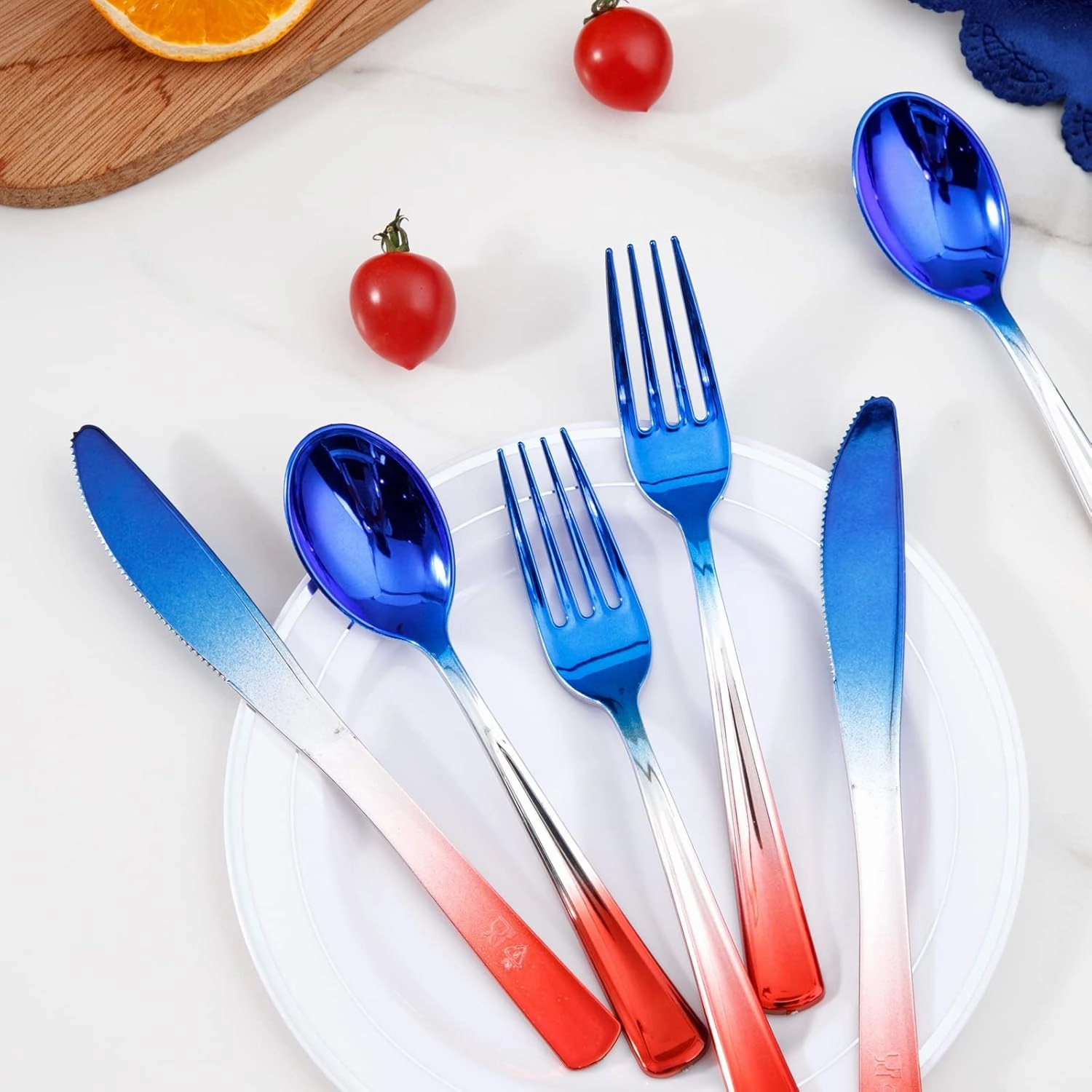 LIYH 120 Pcs Plastic Rainbow Silverware - 4th of July Red and Blue Plastic Cutlery, Colorful Fancy Party Utensils, Disposable Forks Suit for Party, Birthday Memorial Independence Day