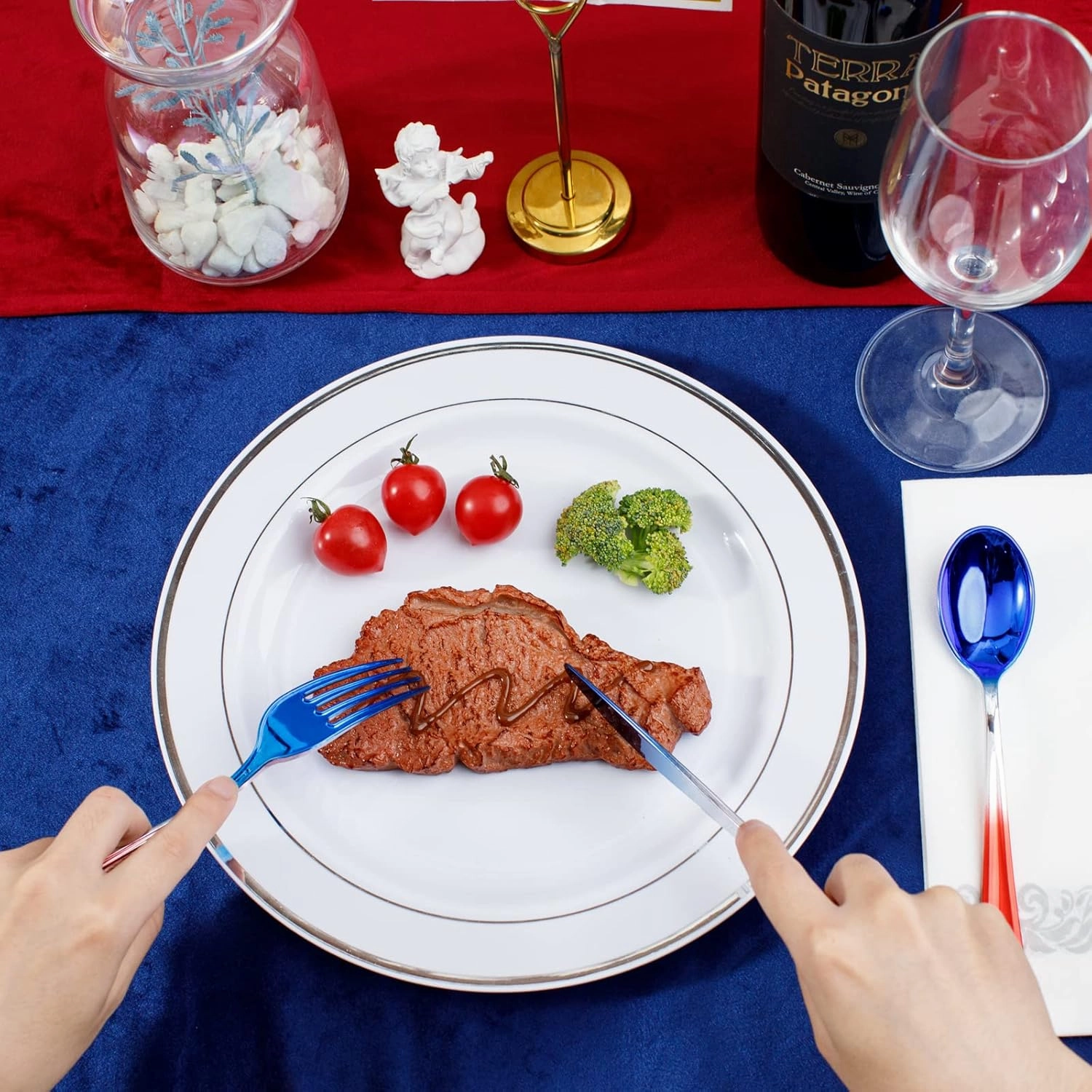 LIYH 120 Pcs Plastic Rainbow Silverware - 4th of July Red and Blue Plastic Cutlery, Colorful Fancy Party Utensils, Disposable Forks Suit for Party, Birthday Memorial Independence Day