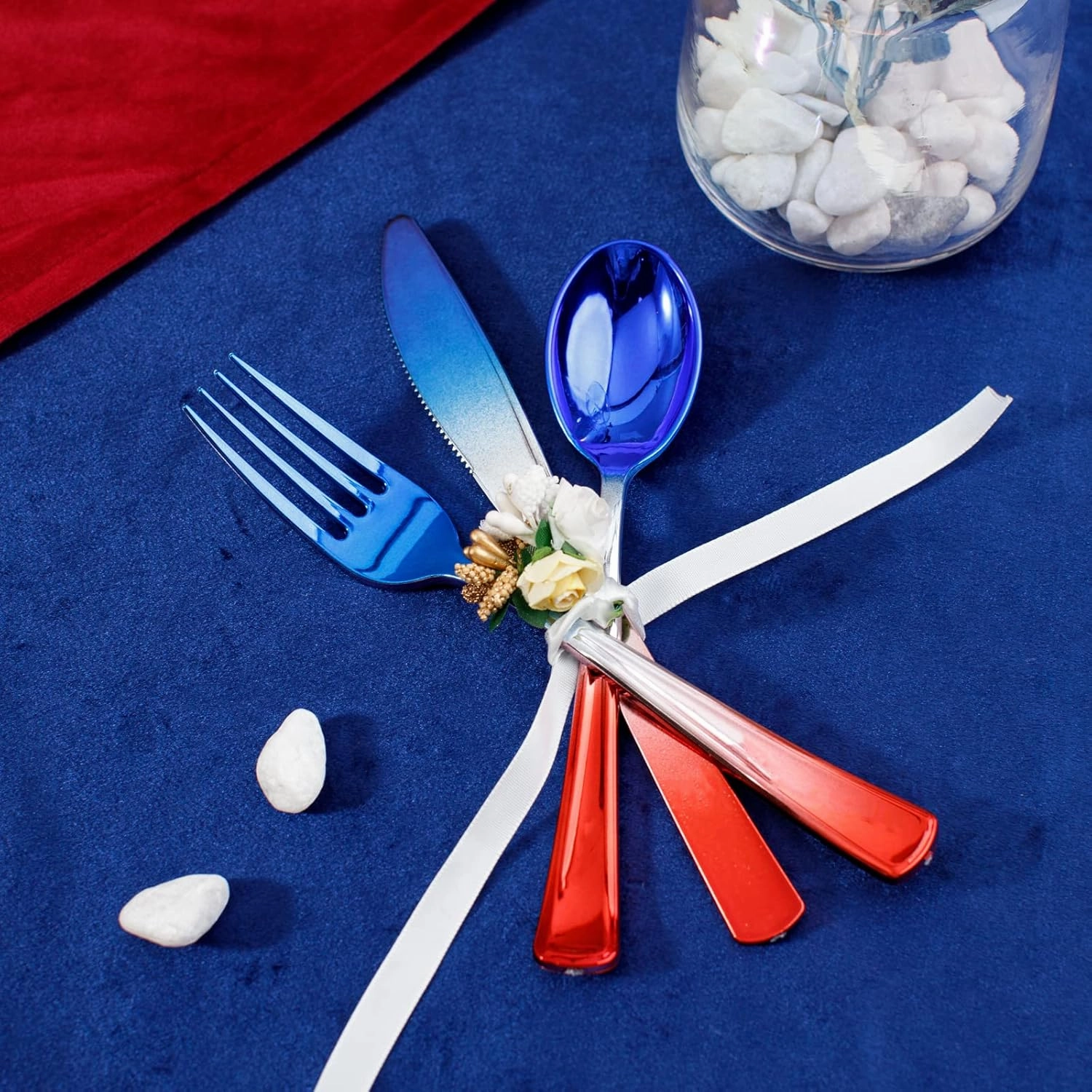 LIYH 120 Pcs Plastic Rainbow Silverware - 4th of July Red and Blue Plastic Cutlery, Colorful Fancy Party Utensils, Disposable Forks Suit for Party, Birthday Memorial Independence Day