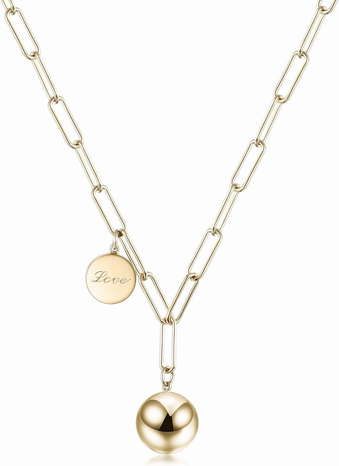 Long Layered Chain Link Necklaces for Women Gold Rose Gold Harmony Ball Pendant Paperclip Necklace Adjustable Earth Map Chain Necklace (Ball Gold)