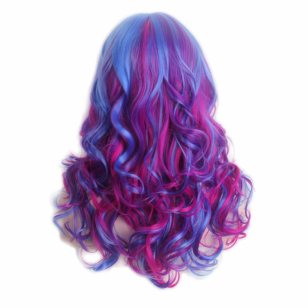 Long Rainbow Wavy Womens Wig Pastel Ocean Wave Long Curly Waving Heat Resistant Hair Wigs for Womens Lady Girls Cosplay Halloween Party Anime Daily (Blue Red)