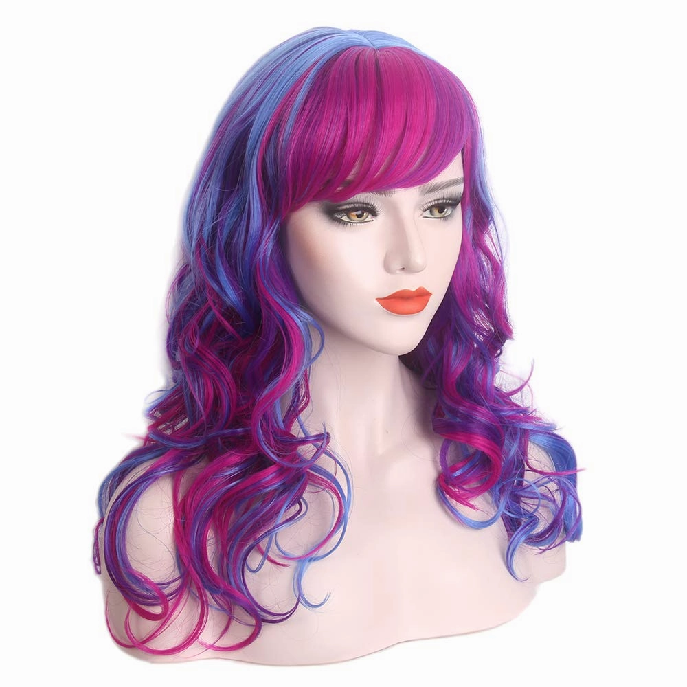 Long Rainbow Wavy Womens Wig Pastel Ocean Wave Long Curly Waving Heat Resistant Hair Wigs for Womens Lady Girls Cosplay Halloween Party Anime Daily (Blue Red)