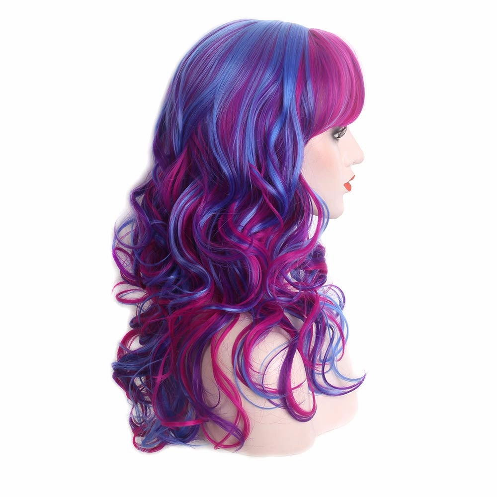 Long Rainbow Wavy Womens Wig Pastel Ocean Wave Long Curly Waving Heat Resistant Hair Wigs for Womens Lady Girls Cosplay Halloween Party Anime Daily (Blue Red)