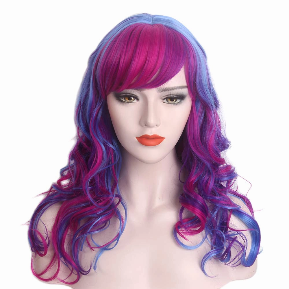 Long Rainbow Wavy Womens Wig Pastel Ocean Wave Long Curly Waving Heat Resistant Hair Wigs for Womens Lady Girls Cosplay Halloween Party Anime Daily (Blue Red)