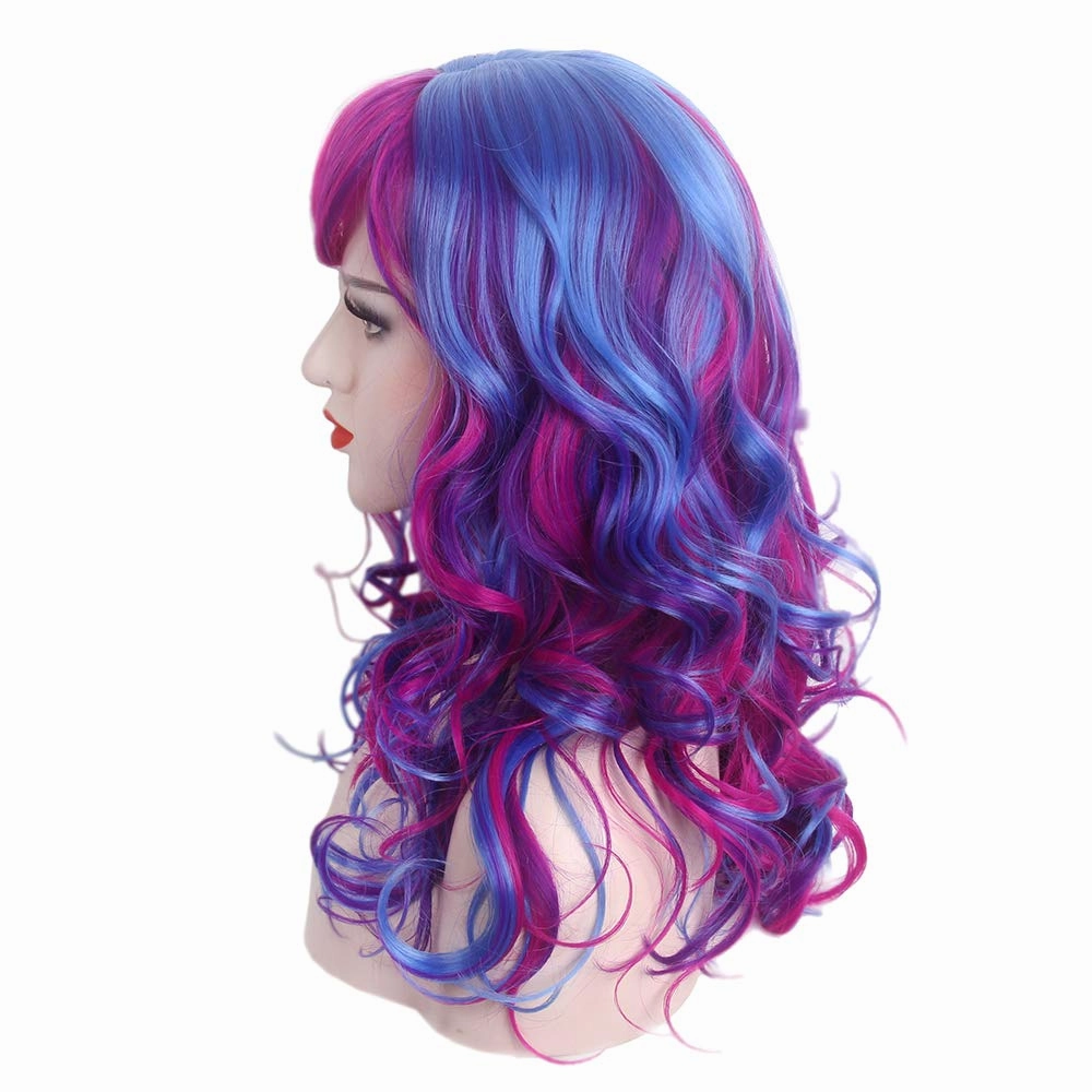 Long Rainbow Wavy Womens Wig Pastel Ocean Wave Long Curly Waving Heat Resistant Hair Wigs for Womens Lady Girls Cosplay Halloween Party Anime Daily (Blue Red)