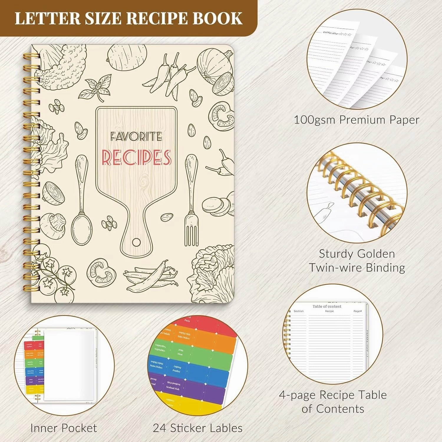 LuBudingJoy Blank Recipe Notebook to Write in Your Own Recipes, Full Page Sprial Hardcover Personal Recipe Organise, Recipe Journal Hold 140 Recipes(Wood Color)