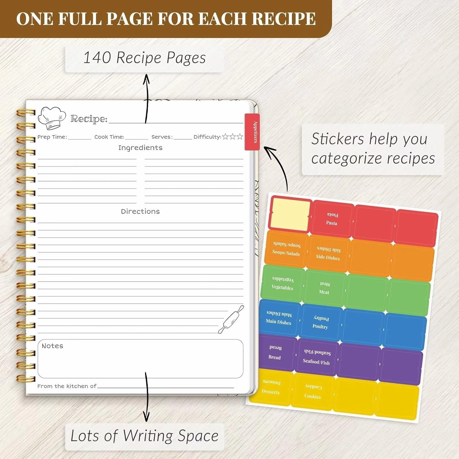 LuBudingJoy Blank Recipe Notebook to Write in Your Own Recipes, Full Page Sprial Hardcover Personal Recipe Organise, Recipe Journal Hold 140 Recipes(Wood Color)