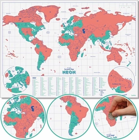 Luckies - Scratch Map Neon | Travel Map & Scratch Off World | Scratching Off Maps | Travel Map Travels | Coral