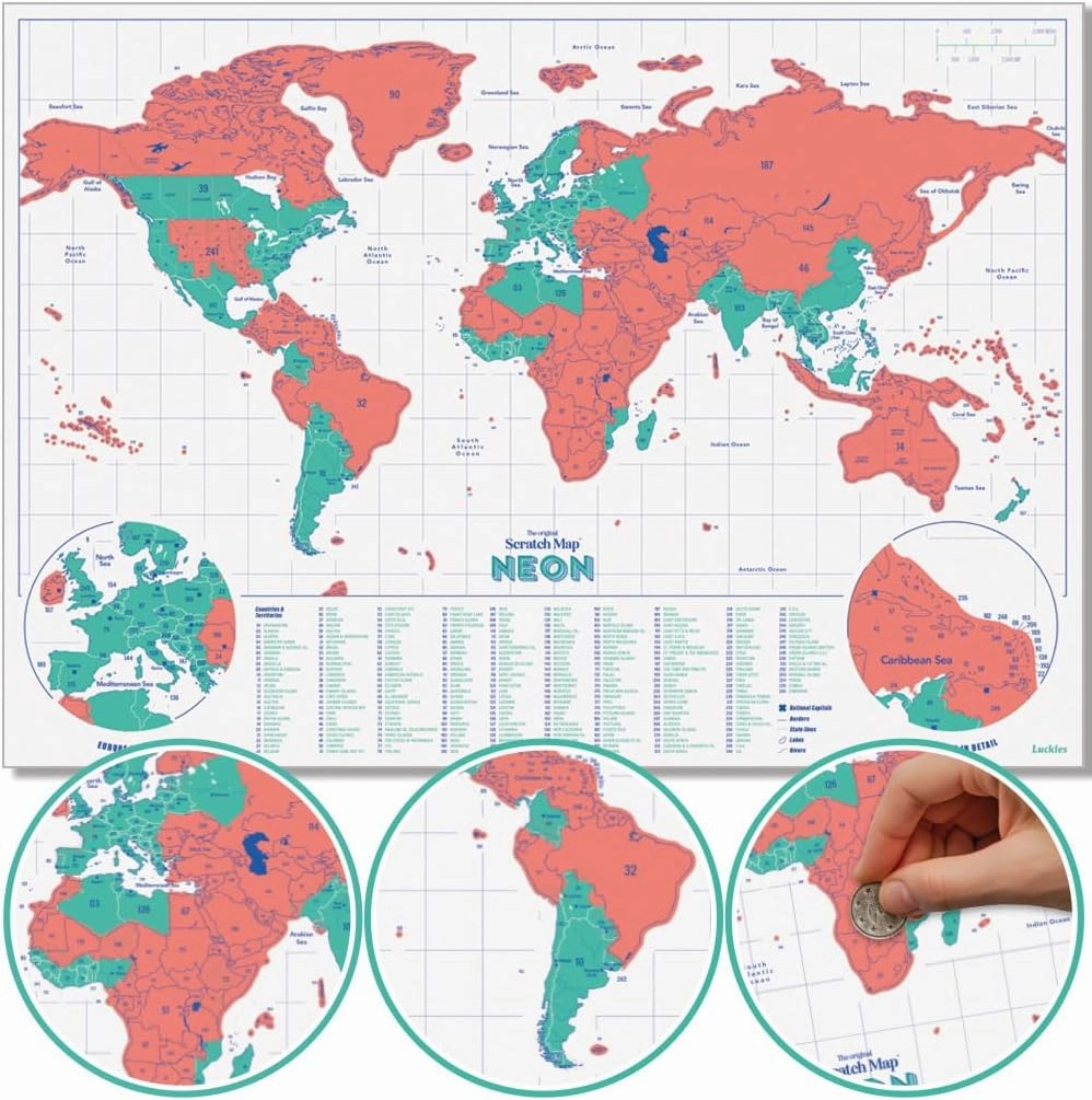 Luckies - Scratch Map Neon | Travel Map & Scratch Off World | Scratching Off Maps | Travel Map Travels | Coral