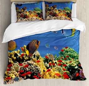 Lunarable Ocean Duvet Cover Set, Submerged Colorful Coral Colony on Reef Exotic Fishes Tranquil Shallow Sea Picture, Decorative 3 Piece Bedding Set with 2 Pillow Shams, California King, Multicolor