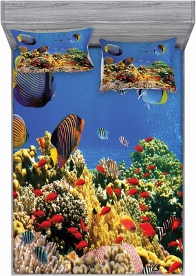 Lunarable Ocean Fitted Sheet & Pillow Sham Set, Submerged Colorful Coral Colony on Reef Exotic Fishes Tranquil Shallow Sea Picture, Decorative Printed 3 Piece Bedding Decor Set, Full, Multicolor