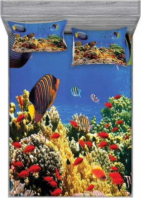 Lunarable Ocean Fitted Sheet & Pillow Sham Set, Submerged Colorful Coral Colony on Reef Exotic Fishes Tranquil Shallow Sea Picture, Decorative Printed 3 Piece Bedding Decor Set, King, Multicolor