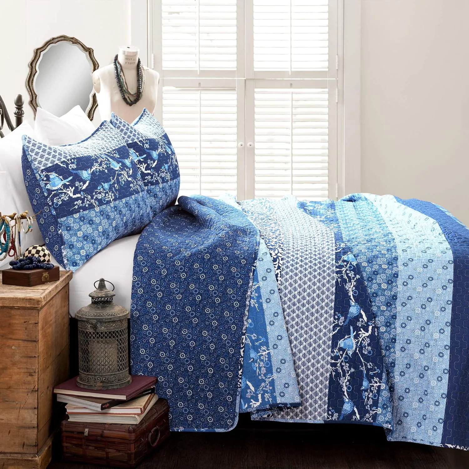 Lush Decor Royal Empire Reversible Cotton Quilt Set - 3 Piece Striped Bedding Set - Bold & Colorful Bohemian Patterns - Soft Cotton Feel - Full/ Queen, Navy