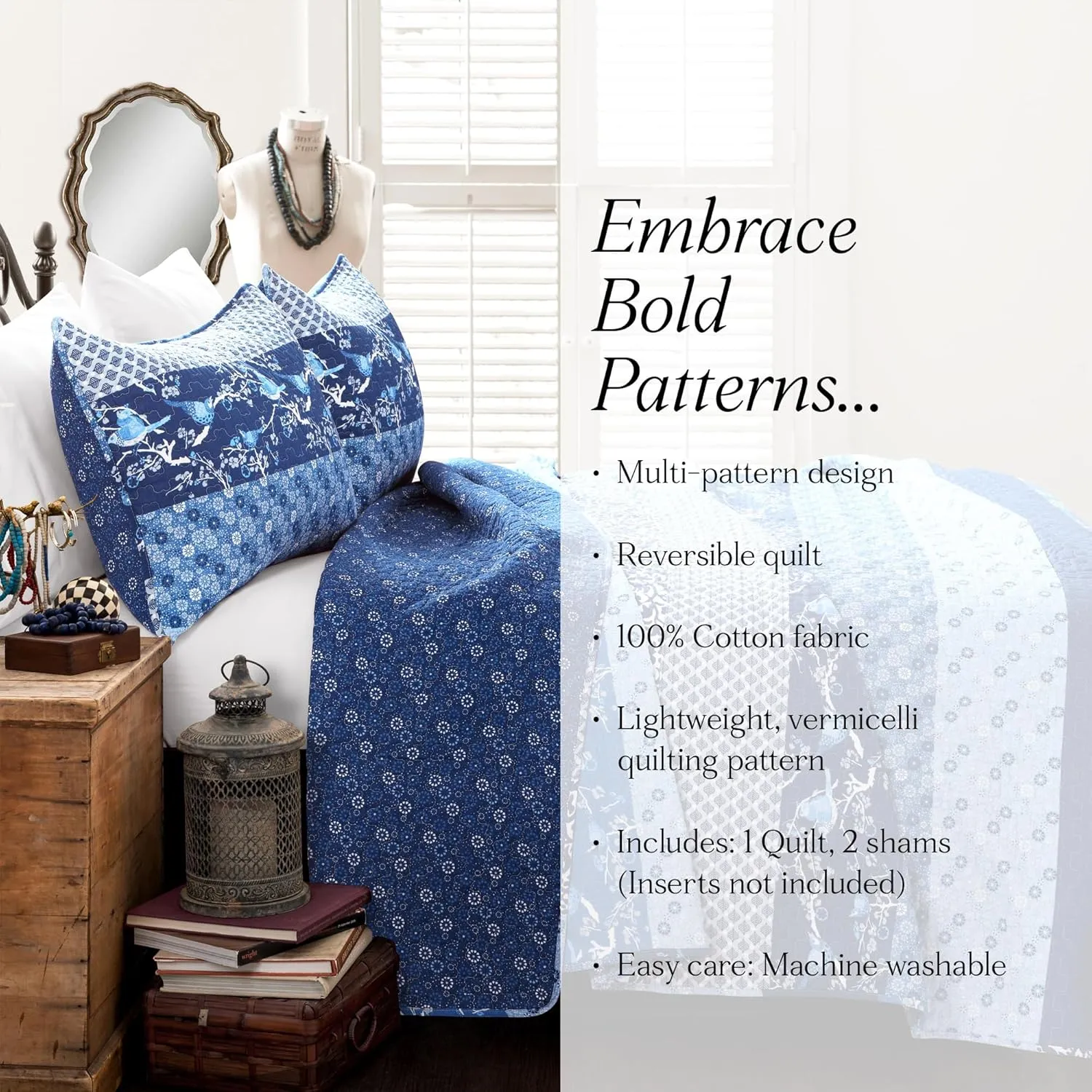 Lush Decor Royal Empire Reversible Cotton Quilt Set - 3 Piece Striped Bedding Set - Bold & Colorful Bohemian Patterns - Soft Cotton Feel - Full/ Queen, Navy