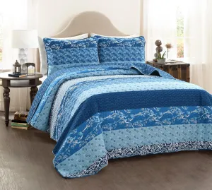 Lush Decor Royal Empire Reversible Cotton Quilt Set - 3 Piece Striped Bedding Set - Bold & Colorful Bohemian Patterns - Soft Cotton Feel - Full/ Queen, Navy