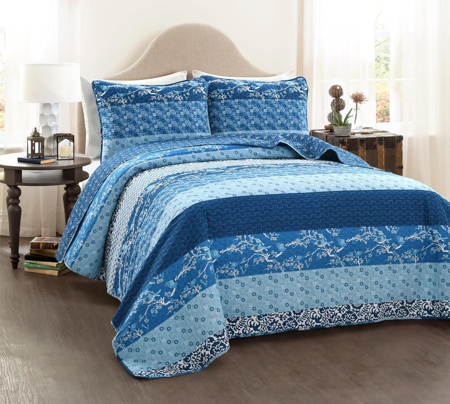 Lush Decor Royal Empire Reversible Cotton Quilt Set - 3 Piece Striped Bedding Set - Bold & Colorful Bohemian Patterns - Soft Cotton Feel - Full/ Queen, Navy